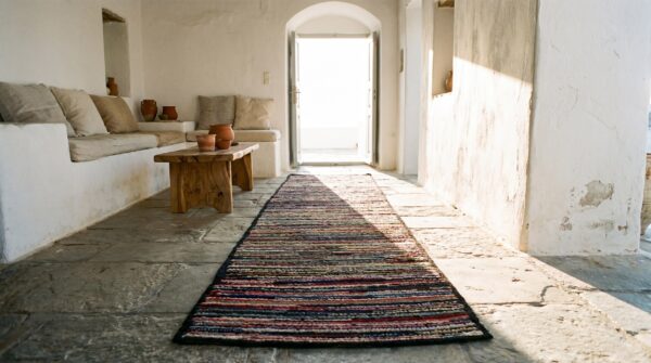 Antique american hooked usa allover geometric hallway runner rug 8 Antique american hooked usa allover geometric hallway runner rug (sku 18590) - room view