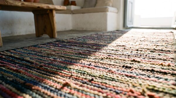 Antique american hooked usa allover geometric hallway runner rug 9 Antique american hooked usa allover geometric hallway runner rug (sku 18590) - in-room detail