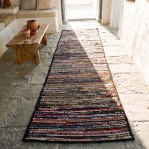 Antique American Hooked USA Allover Geometric Hallway Runner Rug (SKU 18590) - styled overhead view