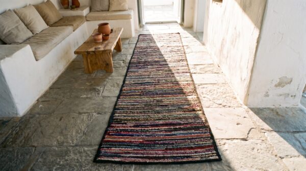 Antique american hooked usa allover geometric hallway runner rug 2 Antique american hooked usa allover geometric hallway runner rug (sku 18590) - styled overhead view