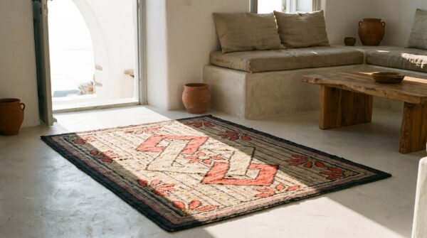 Antique american interlocked diamond squares folk art hooked rug 5 Antique american interlocked diamond squares folk art hooked rug (sku 17666) - room view
