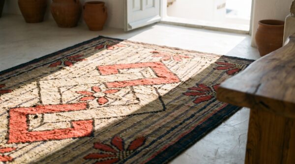 Antique american interlocked diamond squares folk art hooked rug 6 Antique american interlocked diamond squares folk art hooked rug (sku 17666) - in-room detail