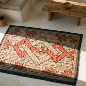Antique American Interlocked Diamond Squares Folk Art Hooked Rug (SKU 17666) - styled overhead view