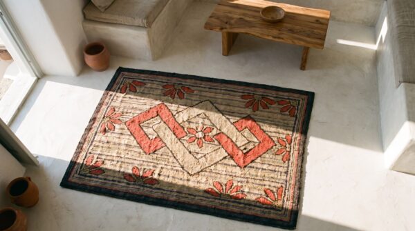 Antique american interlocked diamond squares folk art hooked rug 2 Antique american interlocked diamond squares folk art hooked rug (sku 17666) - styled overhead view