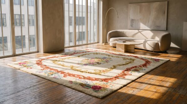 American ivory hooked wool antique 1930s room size rug 5 American ivory hooked wool antique 1930s room size rug (sku 21520) - room view