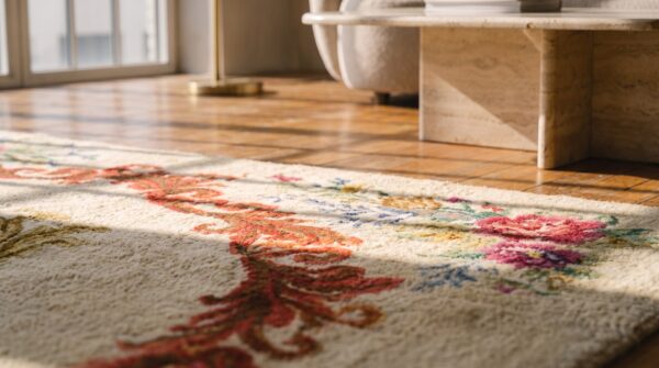 American ivory hooked wool antique 1930s room size rug 6 American ivory hooked wool antique 1930s room size rug (sku 21520) - in-room detail