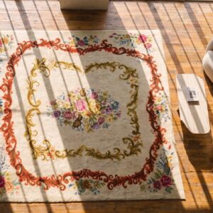 American Ivory Hooked Wool Antique 1930s Room Size Rug (SKU 21520) - styled overhead view