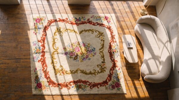 American ivory hooked wool antique 1930s room size rug 2 American ivory hooked wool antique 1930s room size rug (sku 21520) - styled overhead view