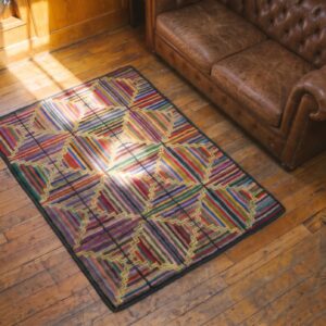 American Antique Multicolor Wool 1930s Hooked Small Scatter Size Rug (SKU 20545) - styled overhead view
