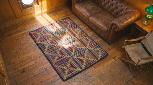 American antique multicolor wool 1930s hooked small scatter size rug (sku 20545) - styled overhead view