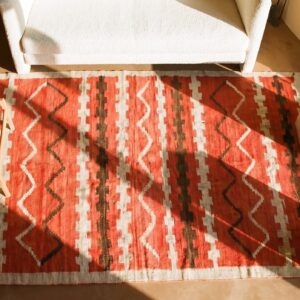 Antique American Navajo Rug 4'4"×7'2" Bright Red Ground, Ivory Border, Transitional Period, Circa 1890 (SKU 20941) - styled overhead view
