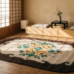 American Antique Oval Yellow Rose Folk Art Hooked Rug (SKU 17210) - room view