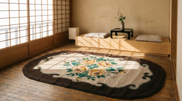 American antique oval yellow rose folk art hooked rug 7 American antique oval yellow rose folk art hooked rug (sku 17210) - room view