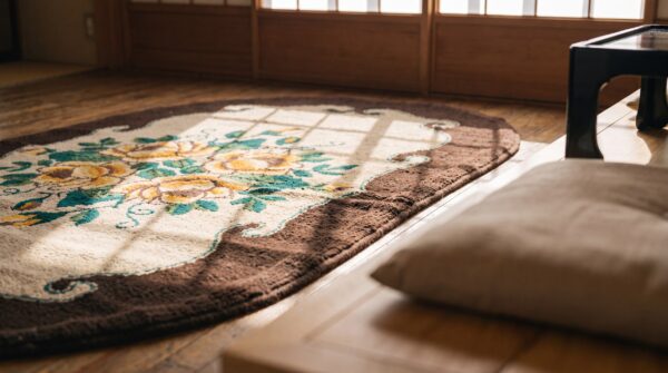 American antique oval yellow rose folk art hooked rug 8 American antique oval yellow rose folk art hooked rug (sku 17210) - in-room detail