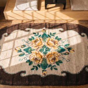 American Antique Oval Yellow Rose Folk Art Hooked Rug (SKU 17210) - styled overhead view