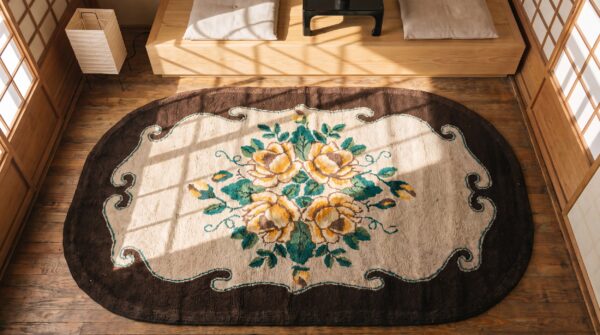 American antique oval yellow rose folk art hooked rug 2 American antique oval yellow rose folk art hooked rug (sku 17210) - styled overhead view