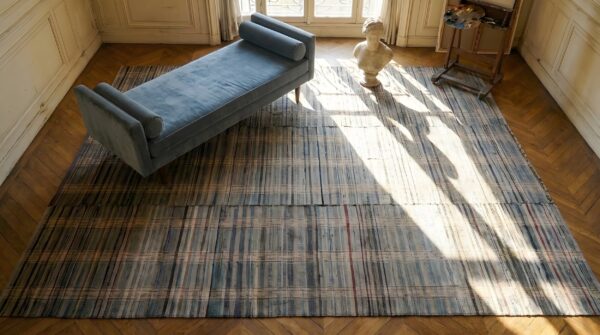 Antique american rag flat weave rug 2 Antique american rag flat weave rug (sku 25312) - styled overhead view