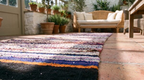 Antique american rag rug hallway runner wool multicolor 11 Antique american rag rug hallway runner wool multicolor (sku 21385) - in-room detail