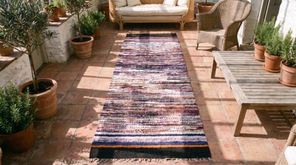 Antique american rag rug hallway runner wool multicolor 2 Antique american rag rug hallway runner wool multicolor (sku 21385) - styled overhead view