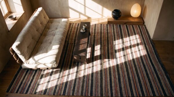 Antique american rag rug american multicolor 1900s 2 Antique american rag rug american multicolor 1900s (sku 21679) - styled overhead view