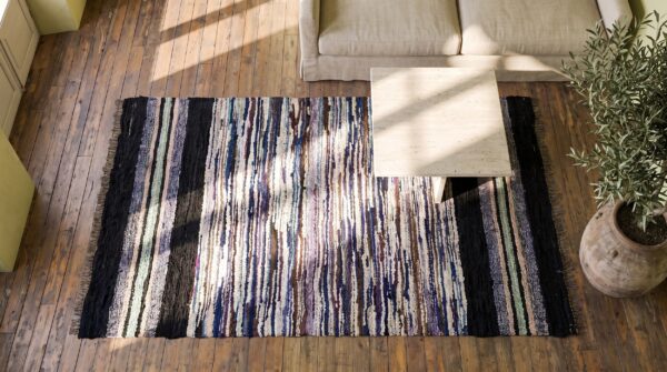 Antique american rag rug american multicolor 1940s 2 Antique american rag rug american multicolor 1940s (sku 21384) - styled overhead view