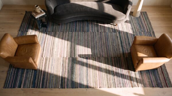 Antique american rag room size cotton multicolor rug 2 Antique american rag room size cotton multicolor rug (sku 25559) - styled overhead view