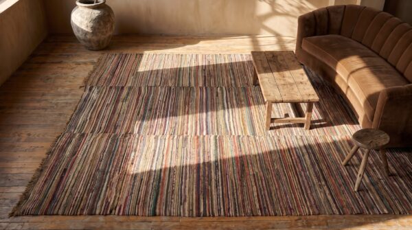 Antique american rag rug room size wool multicolor 2 Antique american rag rug room size wool multicolor (sku 21307) - styled overhead view