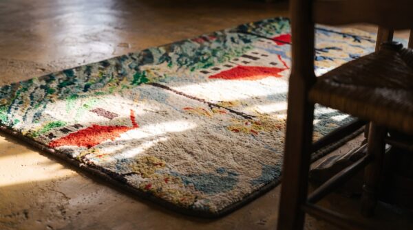 Antique american scenic folk art farm cabin design hooked rug 8 Antique american scenic folk art farm cabin design hooked rug (sku 20557) - in-room detail