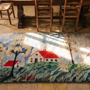 Antique American Scenic Folk Art Farm Cabin Design Hooked Rug (SKU 20557) - styled overhead view