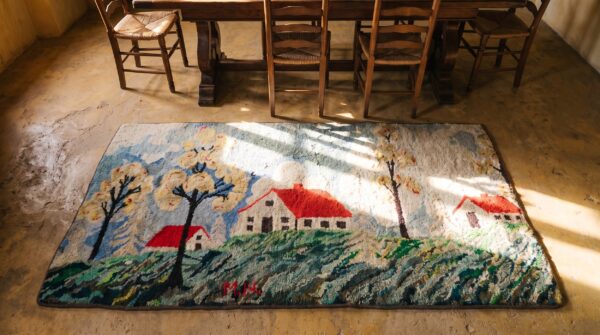 Antique american scenic folk art farm cabin design hooked rug 2 Antique american scenic folk art farm cabin design hooked rug (sku 20557) - styled overhead view