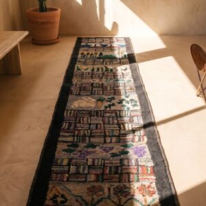 Antique American Scenic Pictorial Folk Art Hallway Runner Rug (SKU 18882) - styled overhead view