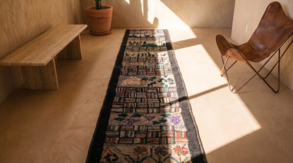 Antique american scenic pictorial folk art hallway runner rug 2 Antique american scenic pictorial folk art hallway runner rug (sku 18882) - styled overhead view