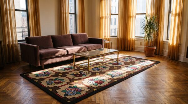 American wool small scatter size antique 1930s multicolor hooked rug 6 American wool small scatter size antique 1930s multicolor hooked rug (sku 20504) - room view