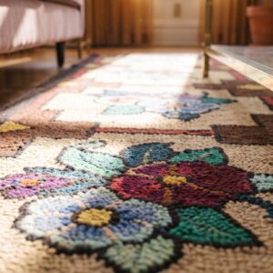 American Wool Small Scatter Size Antique 1930s Multicolor Hooked Rug (SKU 20504) - in-room detail