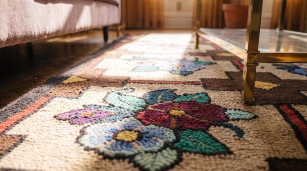 American wool small scatter size antique 1930s multicolor hooked rug 7 American wool small scatter size antique 1930s multicolor hooked rug (sku 20504) - in-room detail