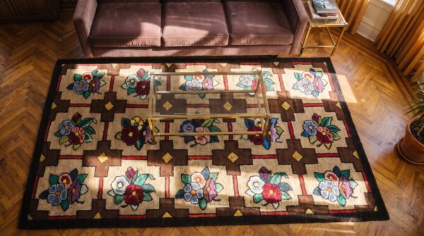 American wool small scatter size antique 1930s multicolor hooked rug 2 American wool small scatter size antique 1930s multicolor hooked rug (sku 20504) - styled overhead view