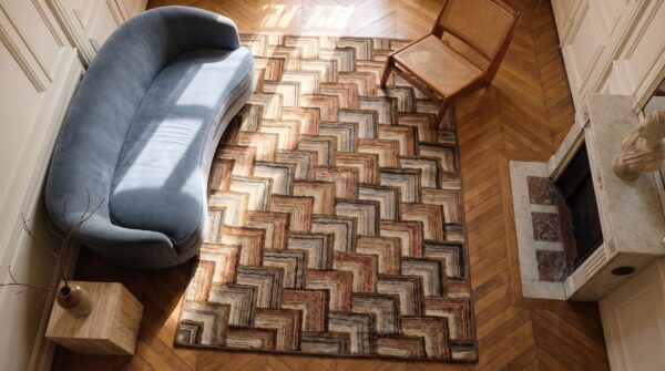 American small scatter size hooked wool 1890s antique rug 2 American small scatter size hooked wool 1890s antique rug (sku 20469) - styled overhead view