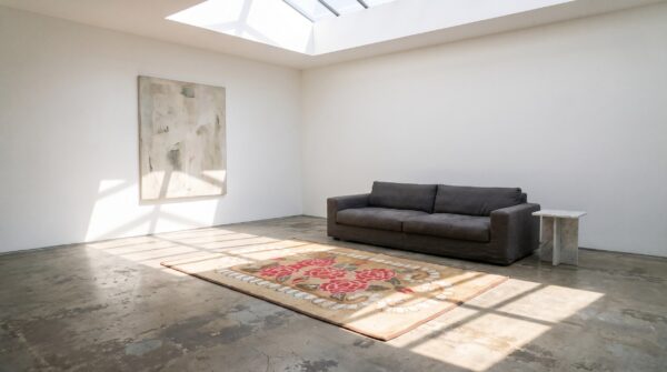 Antique american small size european influenced floral inlay pattern hooked rug 6 Antique american small size european influenced floral inlay pattern hooked rug (sku 20555) - room view