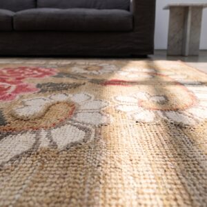 Antique American Small Size European Influenced Floral Inlay Pattern Hooked Rug (SKU 20555) - in-room detail