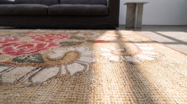 Antique american small size european influenced floral inlay pattern hooked rug 7 Antique american small size european influenced floral inlay pattern hooked rug (sku 20555) - in-room detail