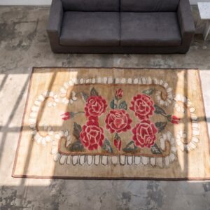 Antique American Small Size European Influenced Floral Inlay Pattern Hooked Rug (SKU 20555) - styled overhead view