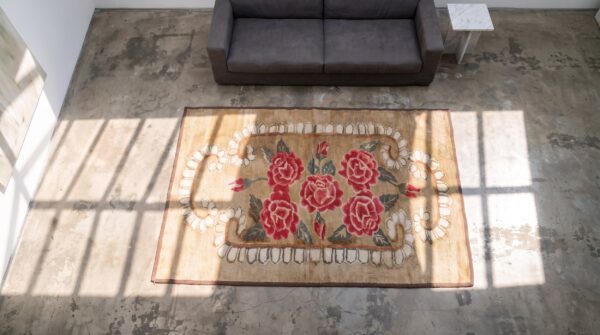 Antique american small size european influenced floral inlay pattern hooked rug 2 Antique american small size european influenced floral inlay pattern hooked rug (sku 20555) - styled overhead view