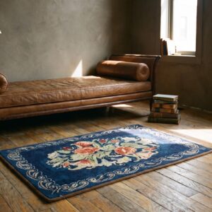 Antique American Square Blue Floral Hooked Wool Throw Rug (SKU 20487) - room view