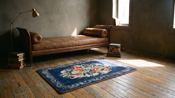 Antique american square blue floral hooked wool throw rug 7 Antique american square blue floral hooked wool throw rug (sku 20487) - room view