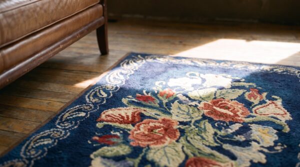 Antique american square blue floral hooked wool throw rug 8 Antique american square blue floral hooked wool throw rug (sku 20487) - in-room detail