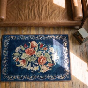 Antique American Square Blue Floral Hooked Wool Throw Rug (SKU 20487) - styled overhead view