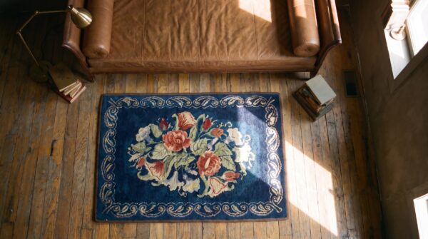 Antique american square blue floral hooked wool throw rug 2 Antique american square blue floral hooked wool throw rug (sku 20487) - styled overhead view