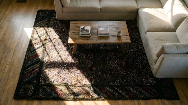 Antique american square hooked rug - allover knotted design 2 Antique american square hooked rug - allover knotted design (sku 22921) - styled overhead view
