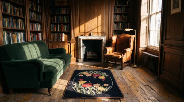 Antique american square hooked rug american black 1930s 5 Antique american square hooked rug american black 1930s (sku 20531) - room view