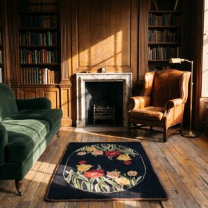 Antique American Square Hooked Rug American Black 1930s (SKU 20531) - styled overhead view